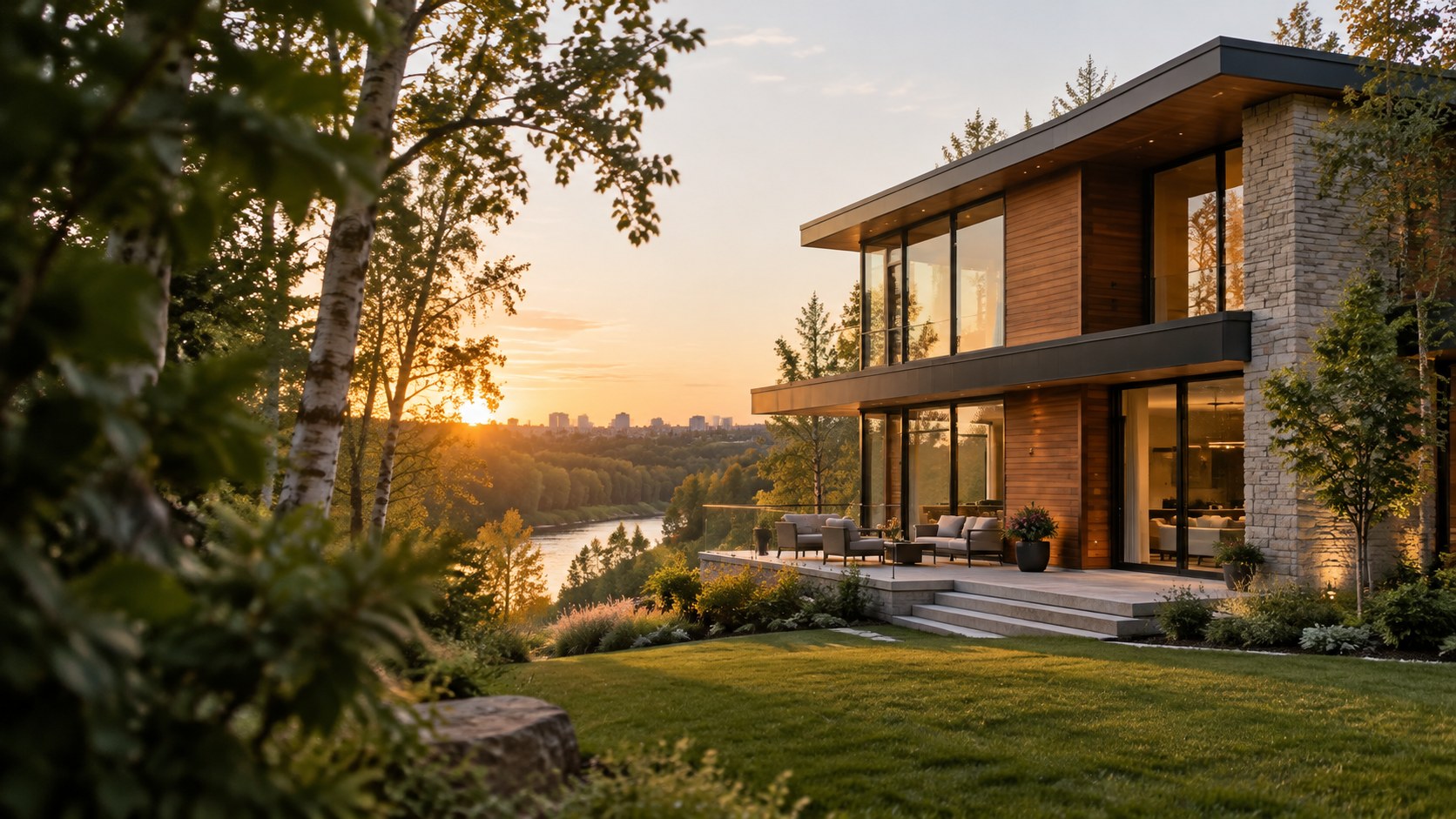 Illustrative modern Canadian home at golden hour
